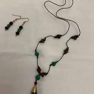 Boho Green and Brown Beaded Pendant Necklace with Matching Earrings